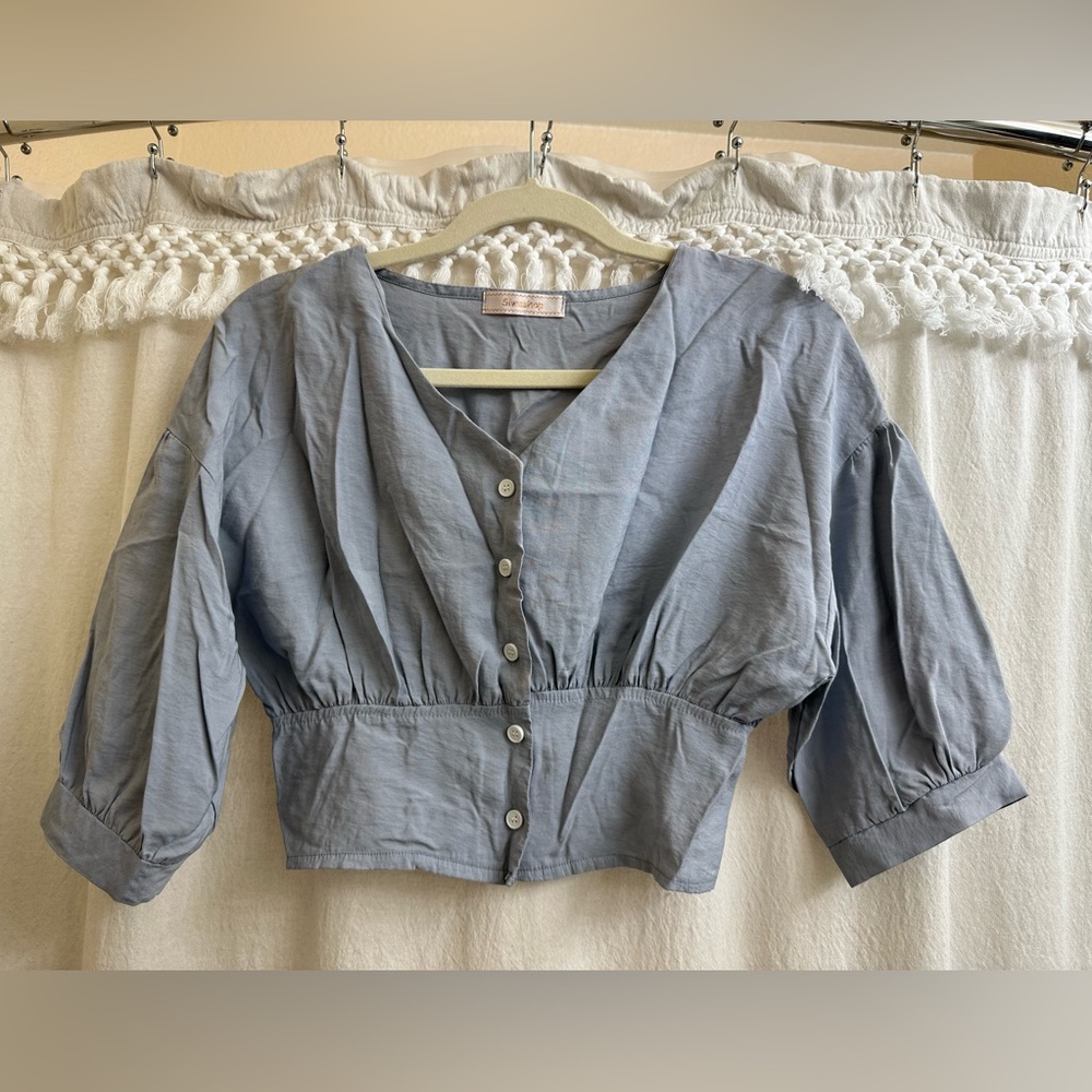 Siwashop Dusty Blue Crop Button Up Blouse